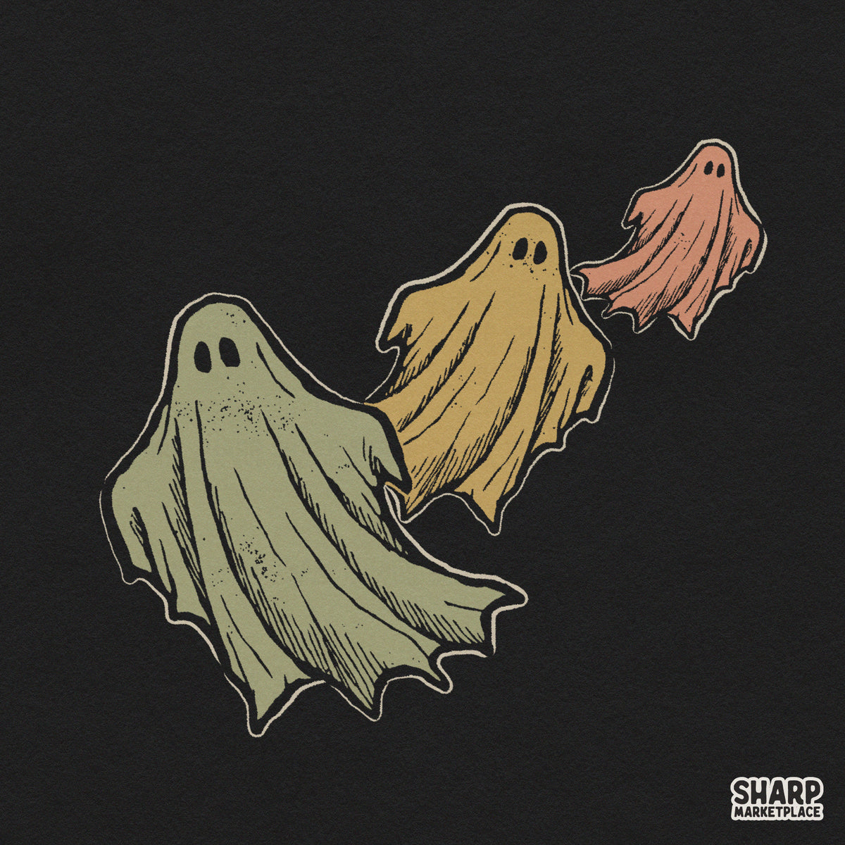 Three colorful flying ghosts in a retro Halloween graphic design for spooky season t-shirts and crafts