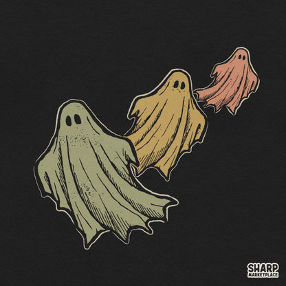 Three colorful flying ghosts in a retro Halloween graphic design for spooky season t-shirts and crafts