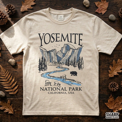 Retro Yosemite National Park bear and camping design perfect for summer t-shirts and apparel printing