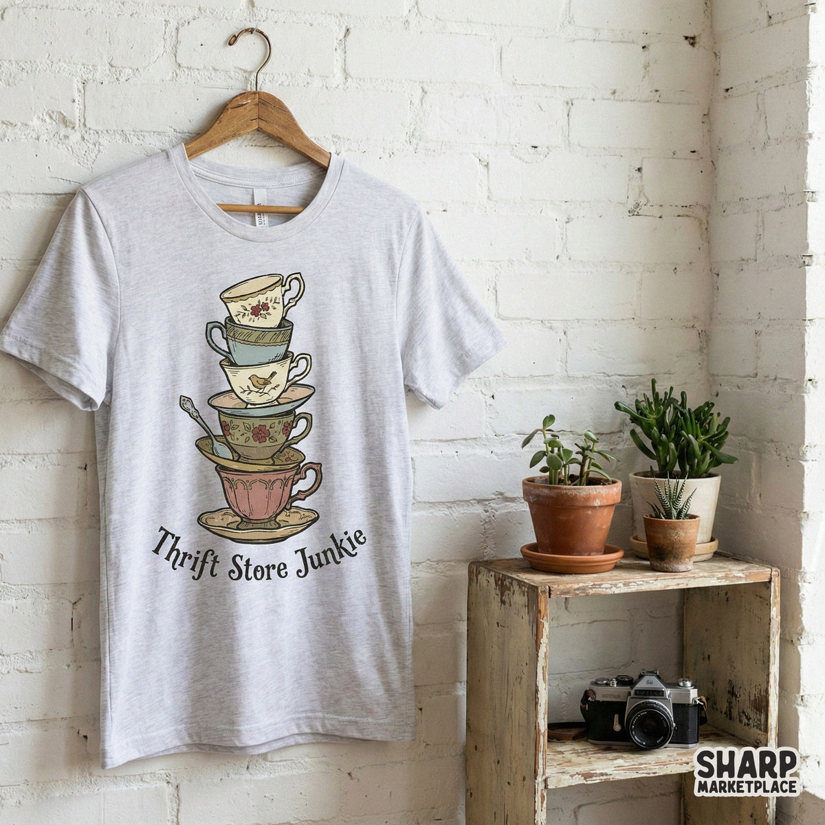 Boho style digital design featuring a stack of pastel floral teacups and saucers with a bird motif and rustic typography for sublimation projects.