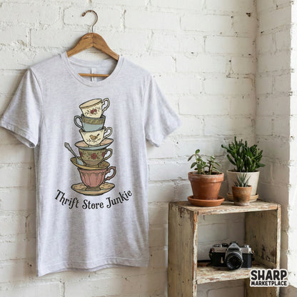 Boho style digital design featuring a stack of pastel floral teacups and saucers with a bird motif and rustic typography for sublimation projects.