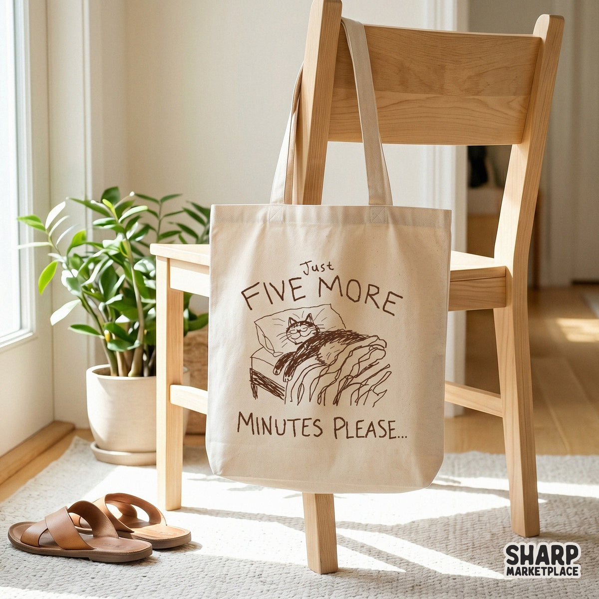 A canvas tote bag featuring a brown sketch of a cat sleeping in bed with the quote Just Five More Minutes Please, ideal for trendy DIY projects.