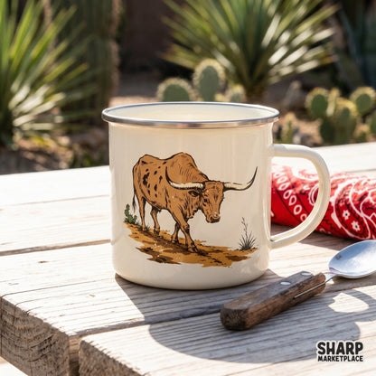 Detailed western steer graphic in a vintage sketch style, perfect for sublimation transfers on apparel, tumblers, or custom ranch-themed merchandise.