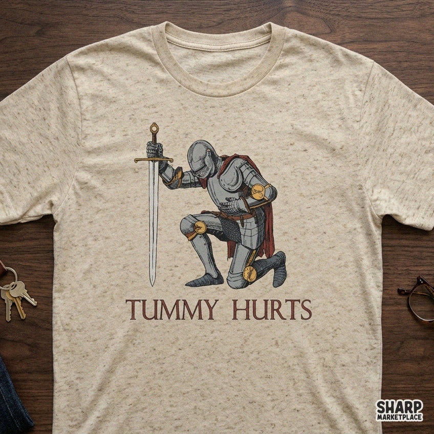 Kneeling medieval knight tummy hurts graphic design for funny chronic illness shirts and sarcastic sublimation PNGs