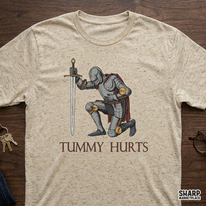 Kneeling medieval knight tummy hurts graphic design for funny chronic illness shirts and sarcastic sublimation PNGs