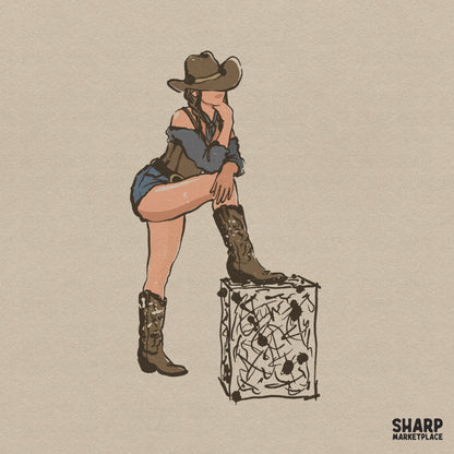Rustic hand-drawn sketch of a cowgirl in a hat and boots posing with one foot on a crate, featuring a muted western color palette.