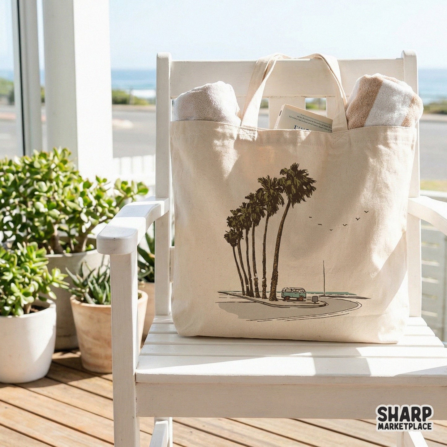 Hand-drawn illustration of a camper van by the ocean with swaying palm trees and birds, ideal for summer-themed DIY craft projects and transfers.