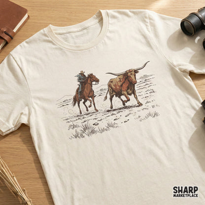 A vintage-style western graphic featuring a cowboy riding a horse toward a longhorn steer, displayed on a cream-colored t-shirt for apparel printing.