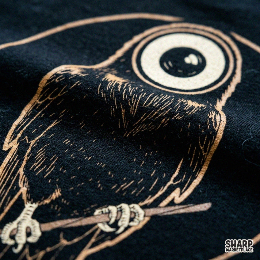 Creepy surreal eyeball owl on a branch illustration for spooky Halloween PNG sublimation design and streetwear tattoo art
