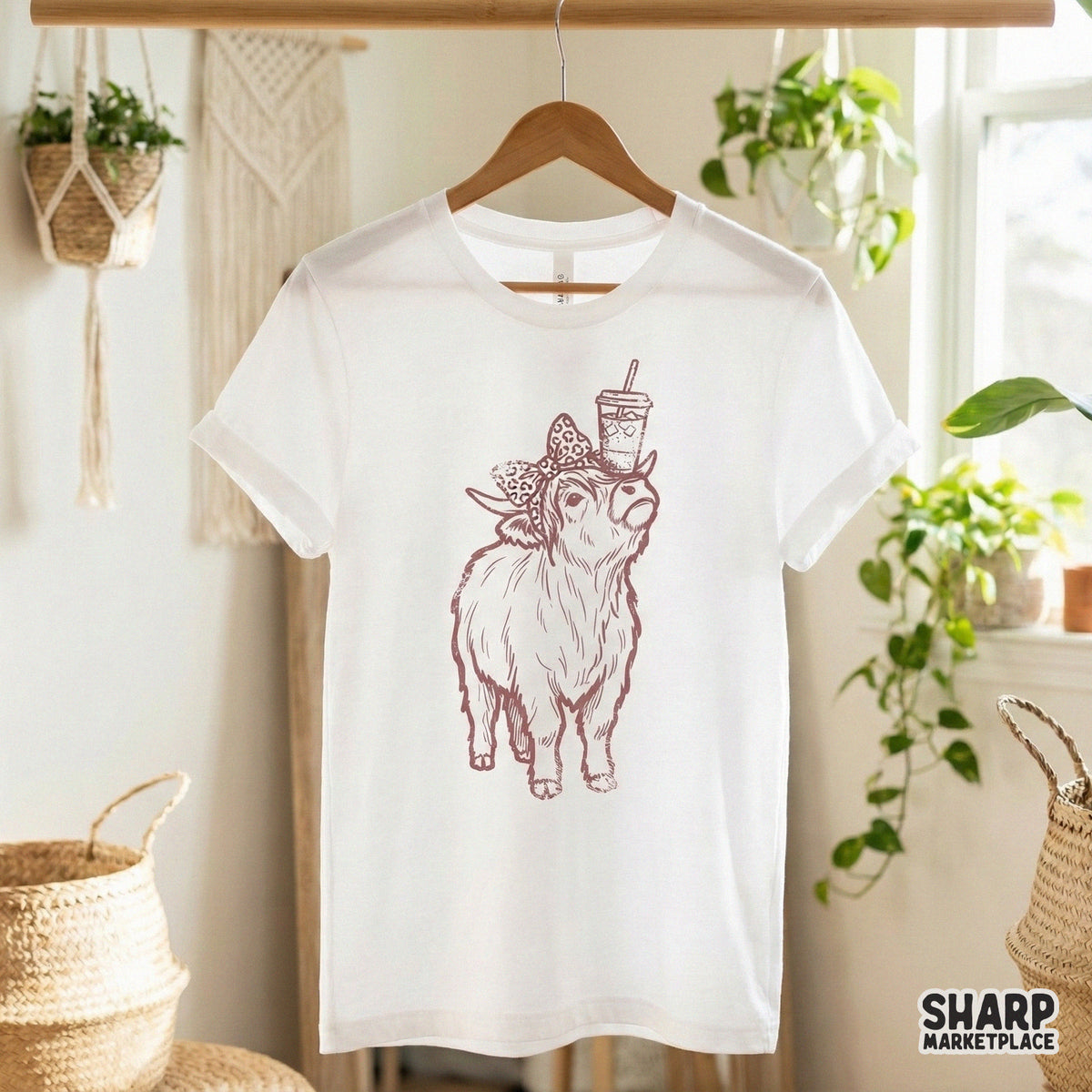 Western-style Highland cow illustration featuring a leopard print bow and iced coffee, perfect for custom tumbler wraps and farmhouse apparel designs.