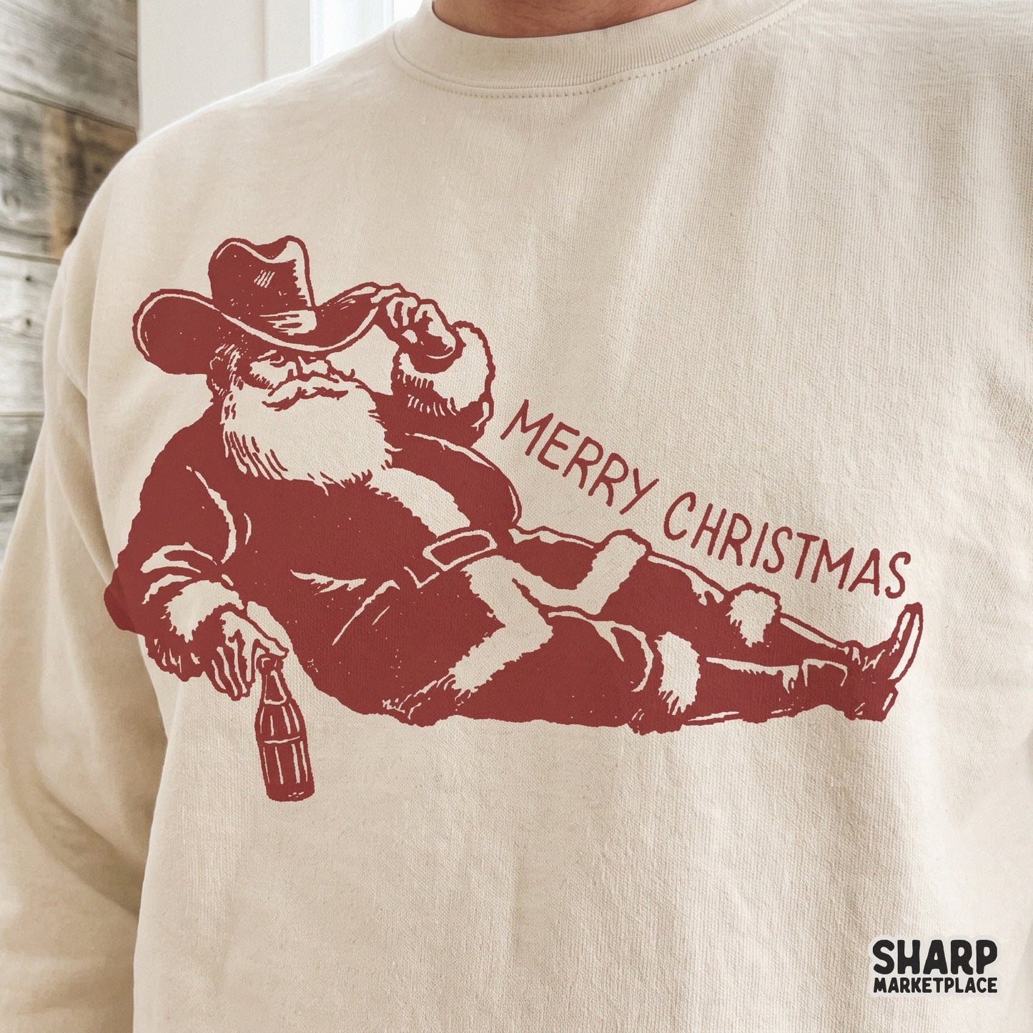 Funny lounging cowboy Santa drinking beer vintage retro Christmas sublimation design for western holiday shirts