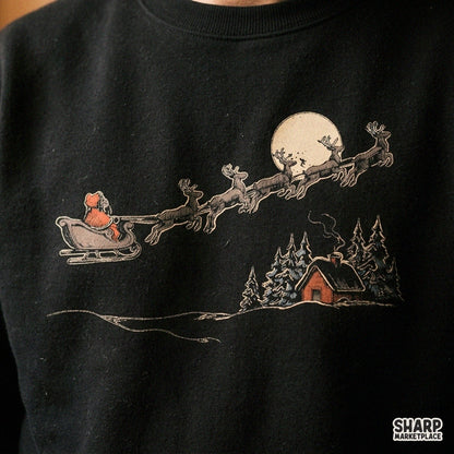 Rustic Moonlit Winter Sleigh Ride Line Art Over Cozy Pine