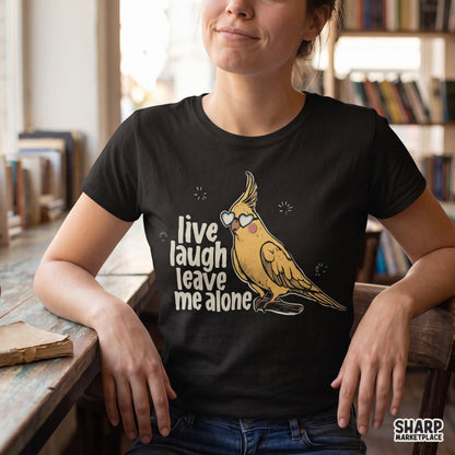 Sarcastic live laugh leave me alone PNG featuring a funny cockatiel bird with heart glasses for introvert shirt design