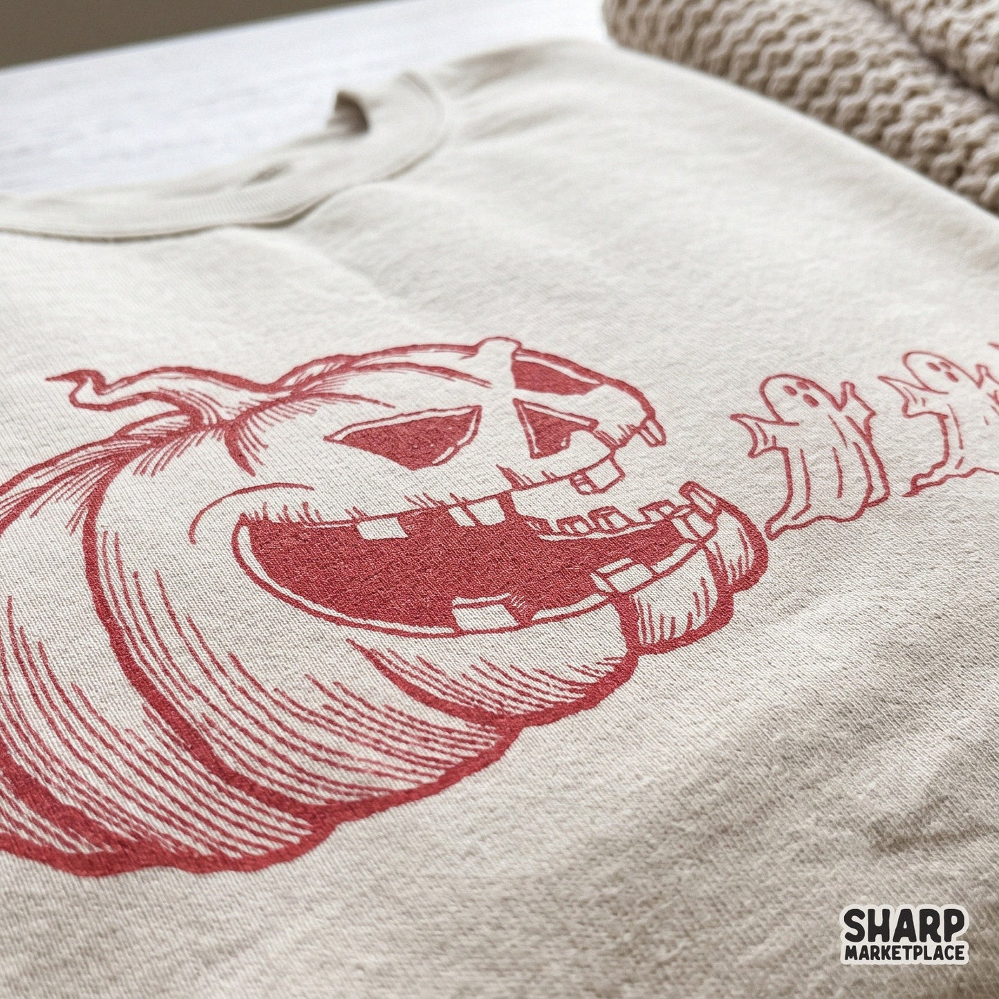 Red monochrome Jack O Lantern spitting ghosts spooky season Halloween PNG for retro fall apparel and DTG printing projects