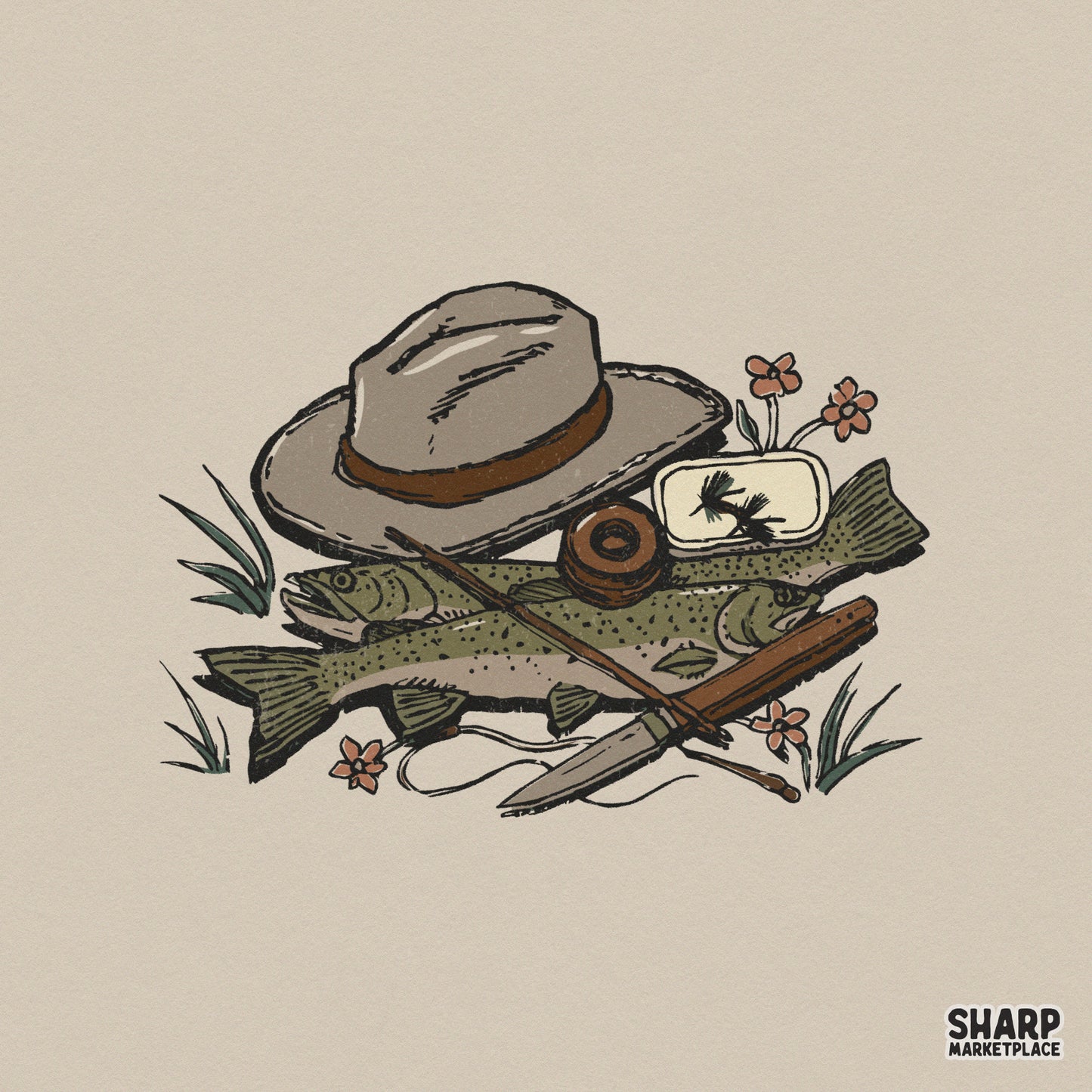 Vintage fly fishing still life PNG featuring two speckled trout, a fedora hat, fly reel, and tackle box in muted olive and burnt orange tones.