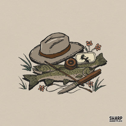 Vintage fly fishing still life PNG featuring two speckled trout, a fedora hat, fly reel, and tackle box in muted olive and burnt orange tones.