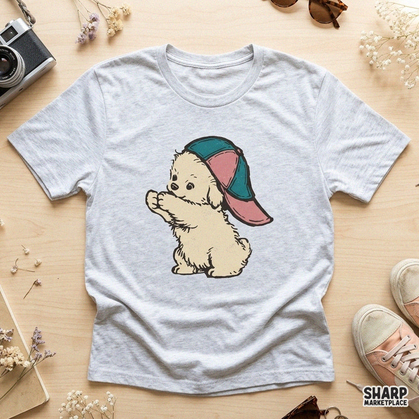 Cute Fluffy Puppy in Backward Cap Baseball PNG, Trendy PNG