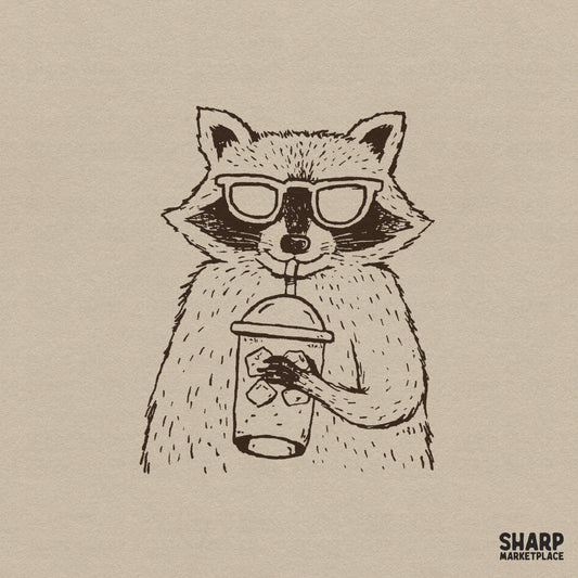 Hand-drawn sketch of a cool raccoon wearing square sunglasses and drinking an iced coffee, isolated on a neutral background for digital projects.
