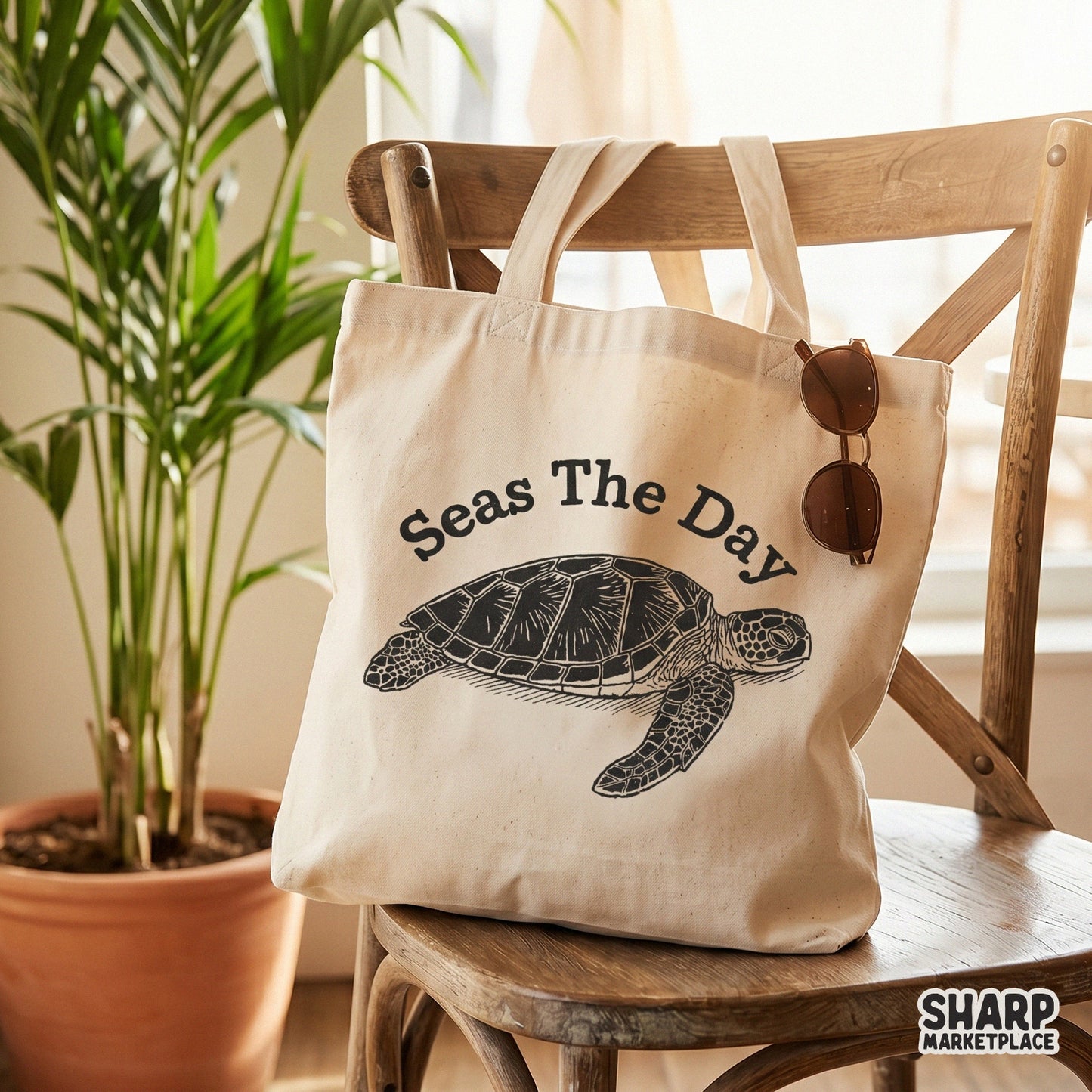 Seas The Day funny sea turtle pun PNG for summer beach apparel sublimation and coastal ocean animal meme sticker designs