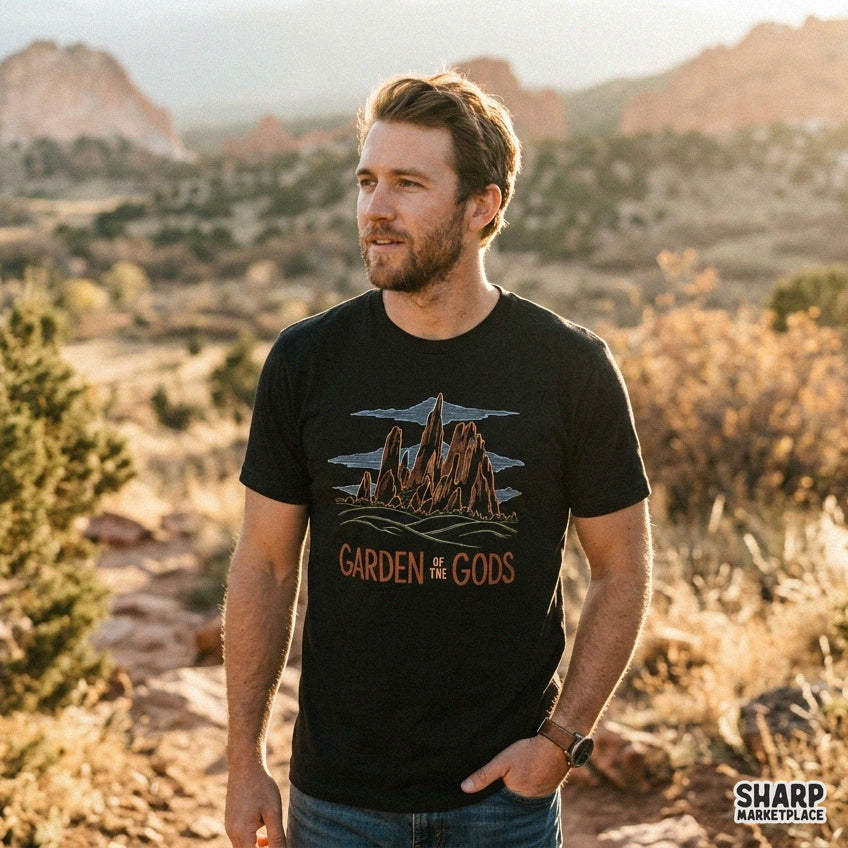 Dark line art Colorado mountain landscape of Garden of the Gods for retro western shirt sublimation designs
