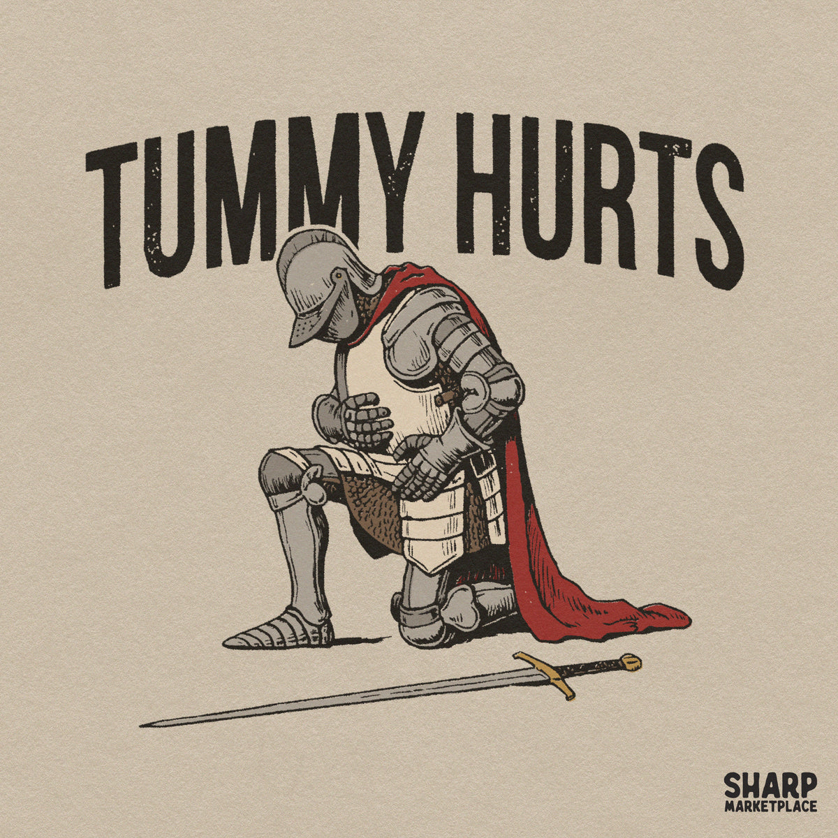 Funny knight leaning on sword tummy hurts meme graphic, vintage medieval armor PNG design for sarcastic t-shirts