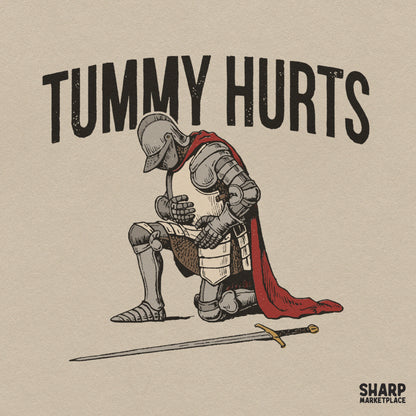 Funny knight leaning on sword tummy hurts meme graphic, vintage medieval armor PNG design for sarcastic t-shirts