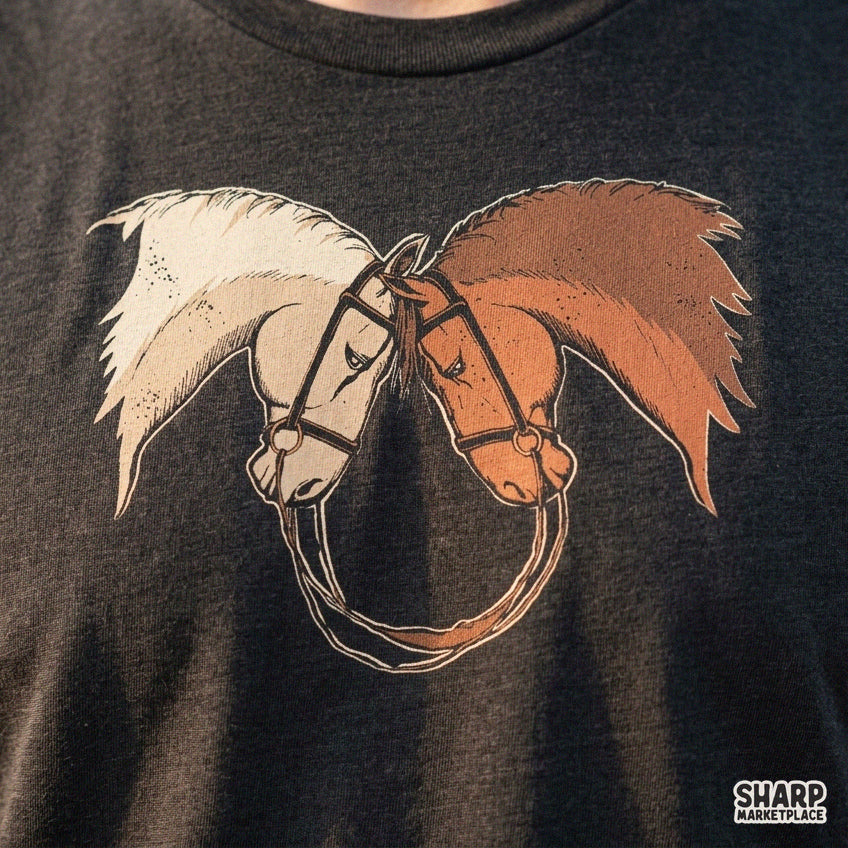 Two majestic horses resting heads together in classic western png style for shirts and sublimation