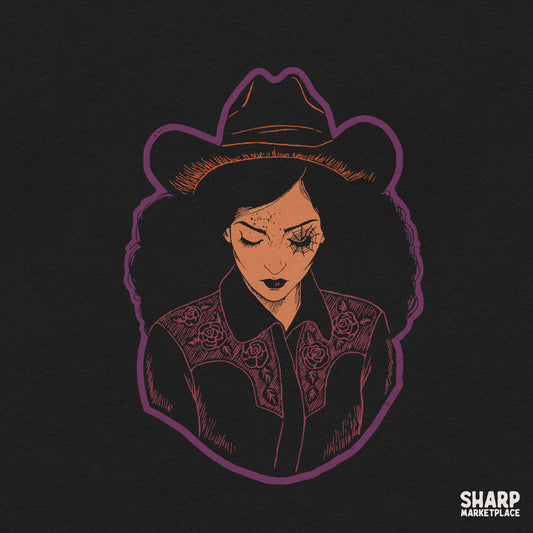 Spooky cowgirl portrait with a spiderweb eye design for western Halloween PNG sublimation shirt prints