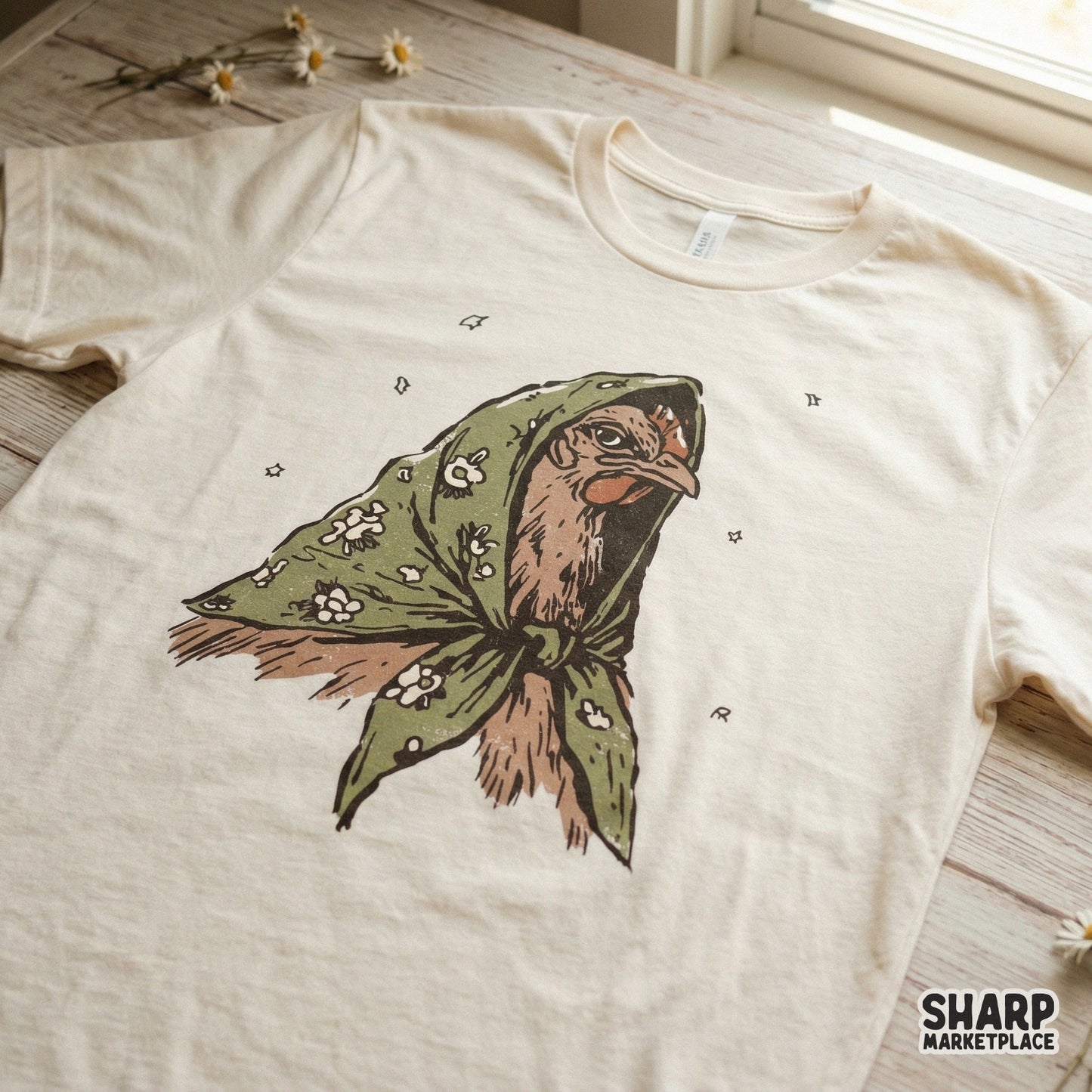 Cottagecore hen portrait design featuring a bird in a green floral scarf, perfect for custom stickers, trendy apparel, and farmhouse themed projects.