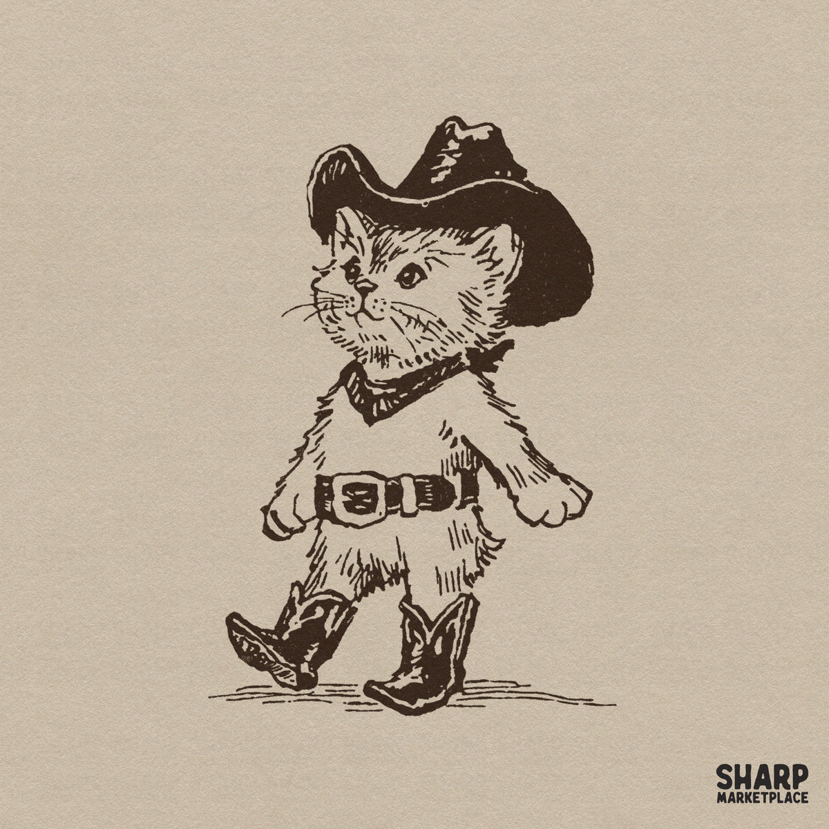 Retro cowboy kitten wearing boots and a hat western PNG illustration for sublimation shirts and funny cat lover gifts