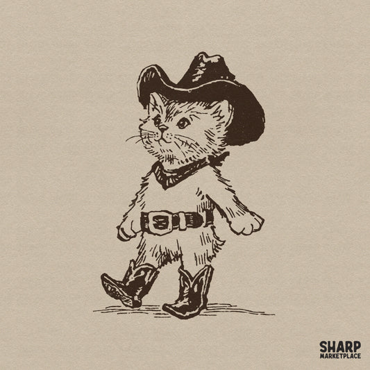 Retro cowboy kitten wearing boots and a hat western PNG illustration for sublimation shirts and funny cat lover gifts