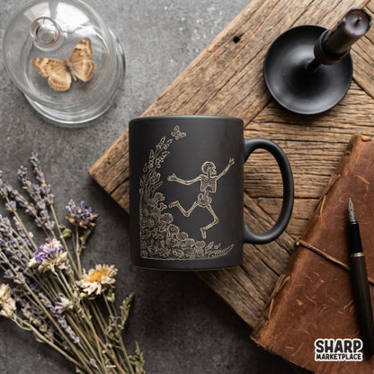 Playful running skeleton in a spooky floral garden with butterflies, cute Halloween PNG sublimation design for shirts