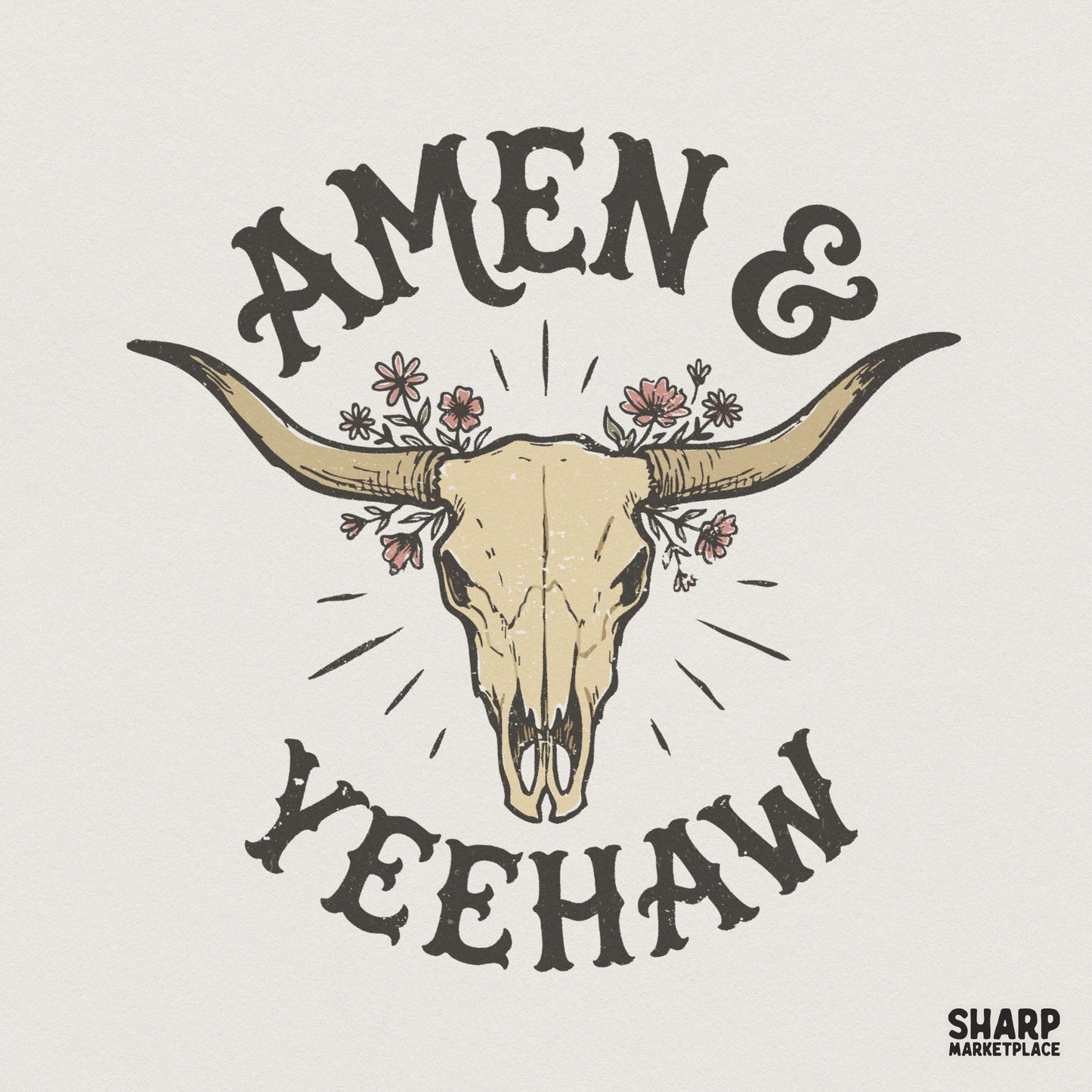 Amen & Yeehaw PNG, Western Skull Flowers - 300 DPI Design for T-Shirt