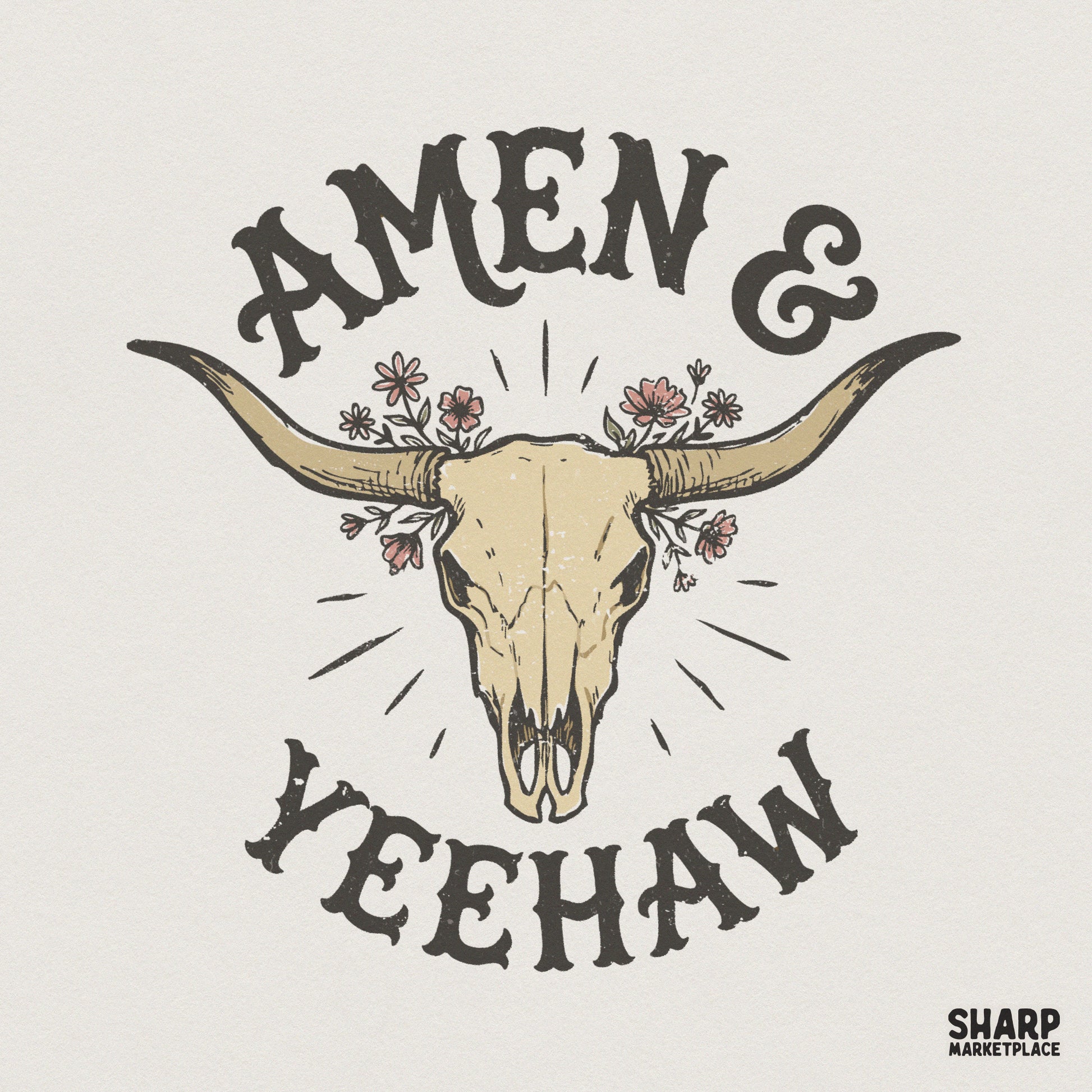 Amen & Yeehaw PNG, Western Skull Flowers - 300 DPI Design for T-Shirt