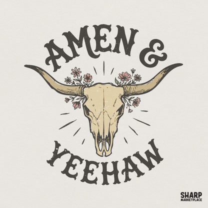 Amen & Yeehaw PNG, Western Skull Flowers - 300 DPI Design for T-Shirt
