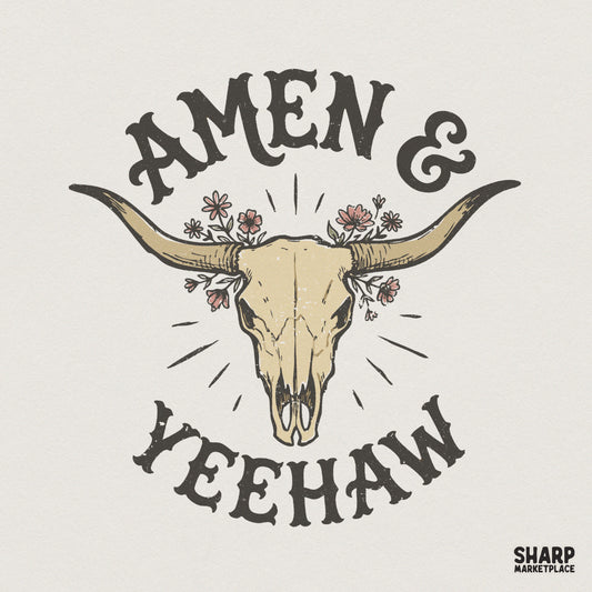 Amen & Yeehaw PNG, Western Skull Flowers - 300 DPI Design for T-Shirt