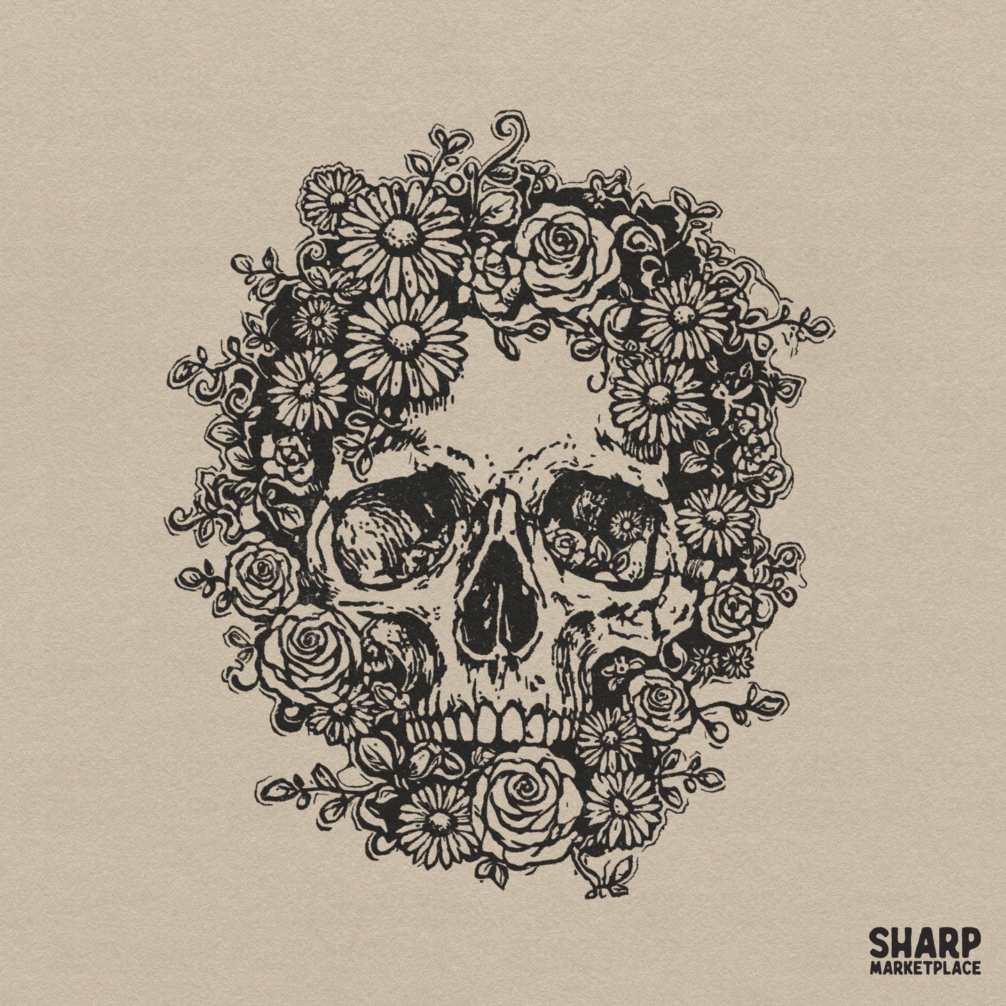 Detailed floral skull with roses and daisies in a gothic garden style for Halloween spooky season sublimation shirts