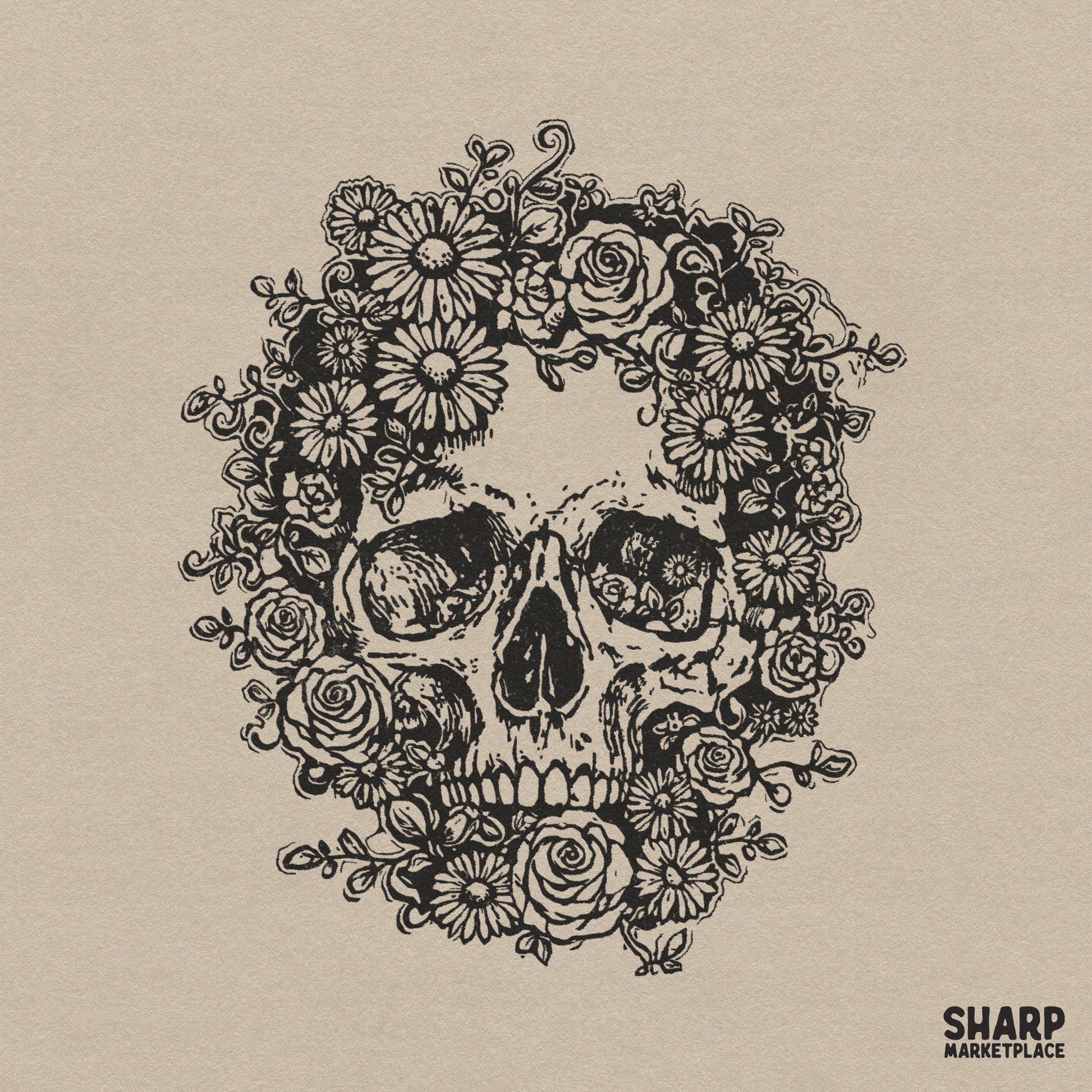Detailed floral skull with roses and daisies in a gothic garden style for Halloween spooky season sublimation shirts