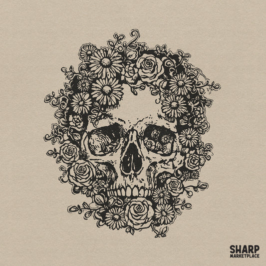 Detailed floral skull with roses and daisies in a gothic garden style for Halloween spooky season sublimation shirts