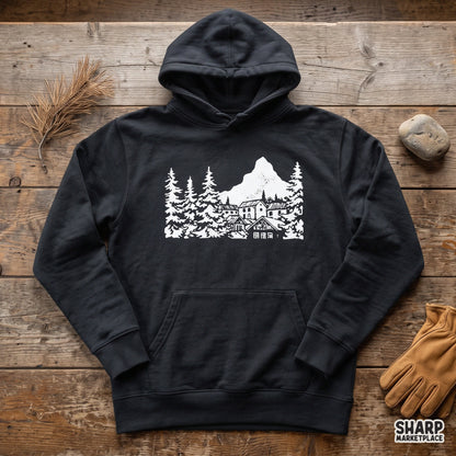 White winter mountain landscape silhouette with cabins and pine trees png for retro nature t-shirt designs
