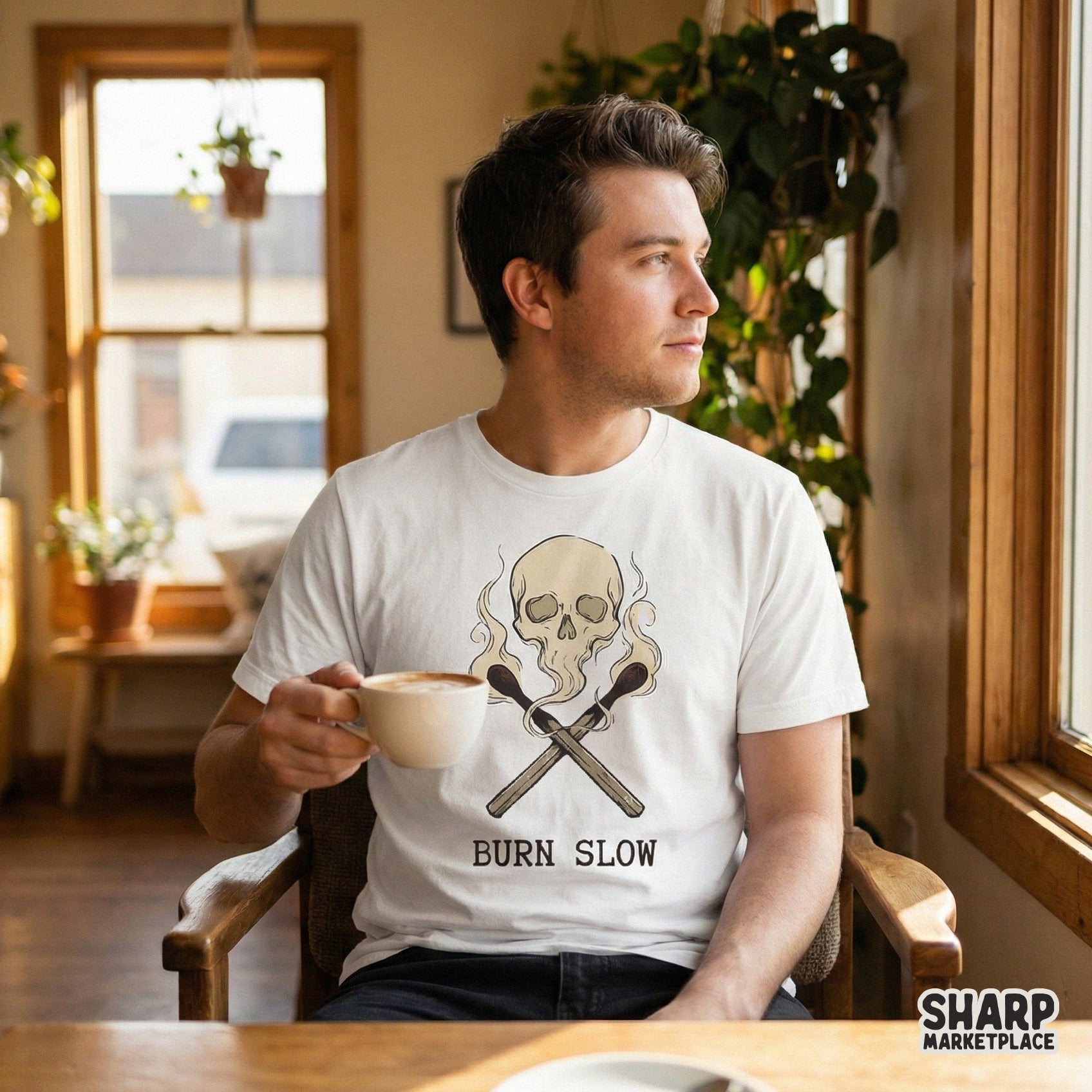 Edgy hand-drawn skull and matchstick graphic with a distressed aesthetic, suitable for streetwear apparel, heat transfers, and creative DIY projects.