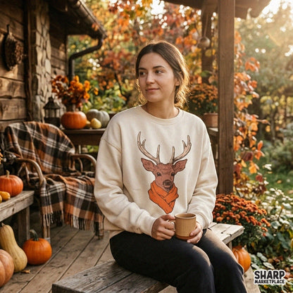 Whimsical Buck With Knitted Scarf in Antlers Fall PNG