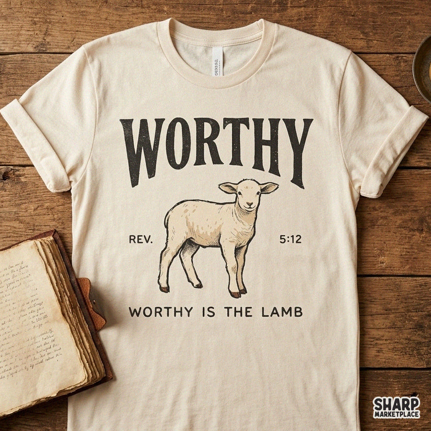 Vintage Worthy Is The Lamb Christian Easter PNG sublimation design featuring Revelation 5:12 Bible verse for shirt printing