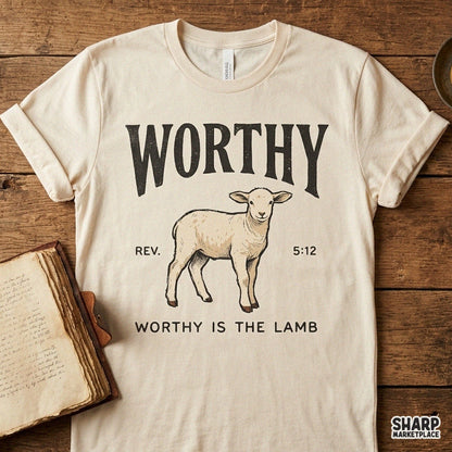 Vintage Worthy Is The Lamb Christian Easter PNG sublimation design featuring Revelation 5:12 Bible verse for shirt printing