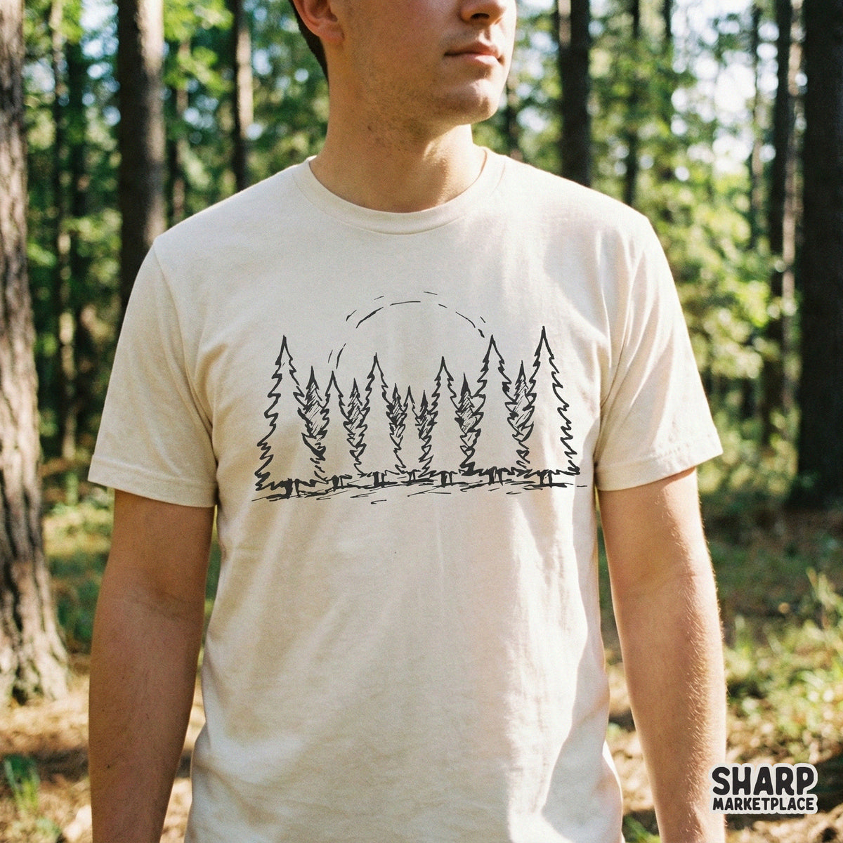 Detailed black line art of a woodland forest with pine trees and a subtle sun arc, designed as a versatile digital file for sublimation and apparel.