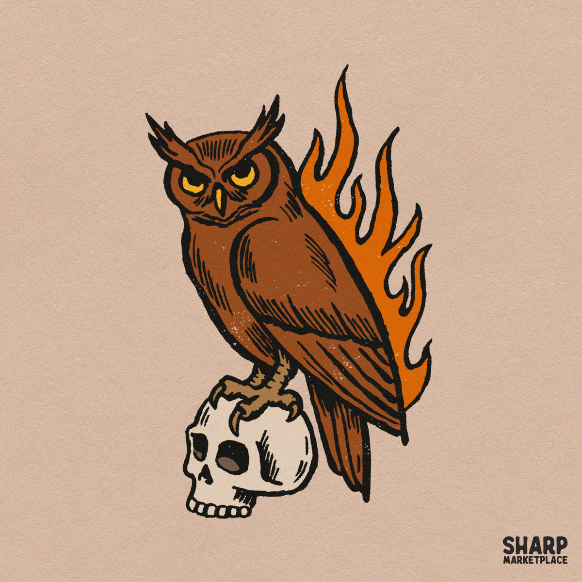Gothic owl perched on a skull with blazing fire for Halloween sublimation t-shirt design