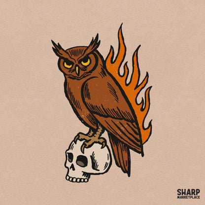 Gothic owl perched on a skull with blazing fire for Halloween sublimation t-shirt design