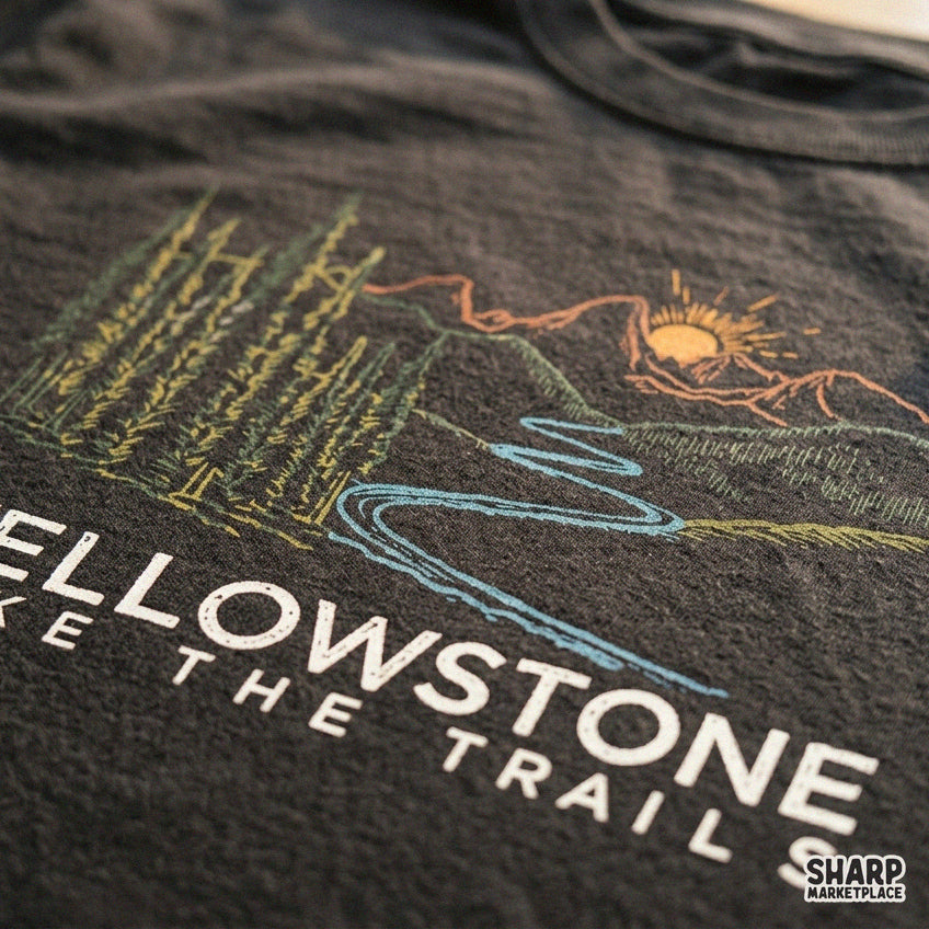 Retro Yellowstone hiking design featuring mountains, river, and pine forest for summer camping shirts