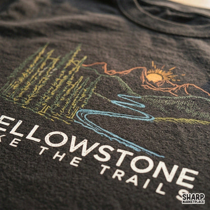 Retro Yellowstone hiking design featuring mountains, river, and pine forest for summer camping shirts