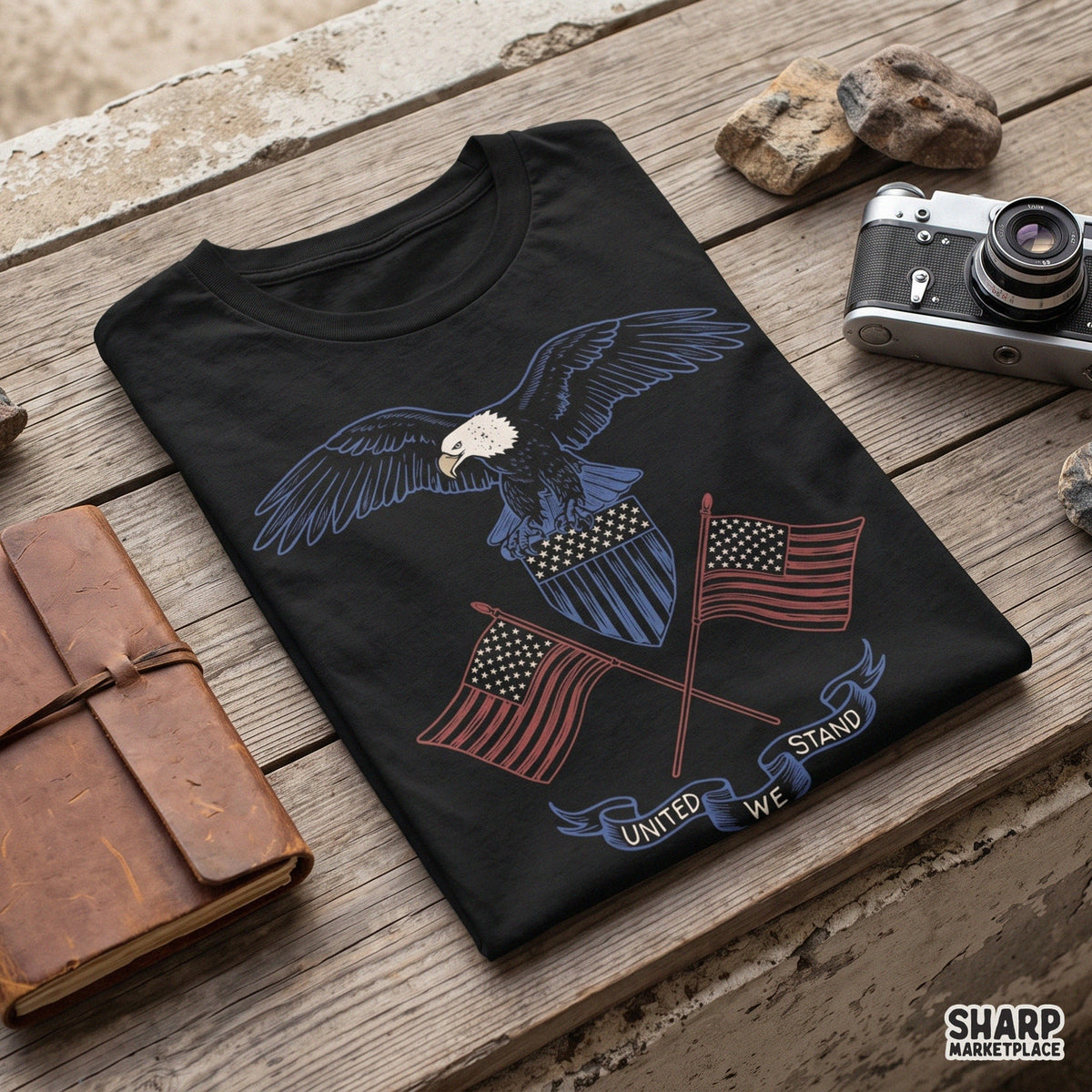 Patriotic United We Stand graphic featuring an American flag and bald eagle design for retro sublimation printing